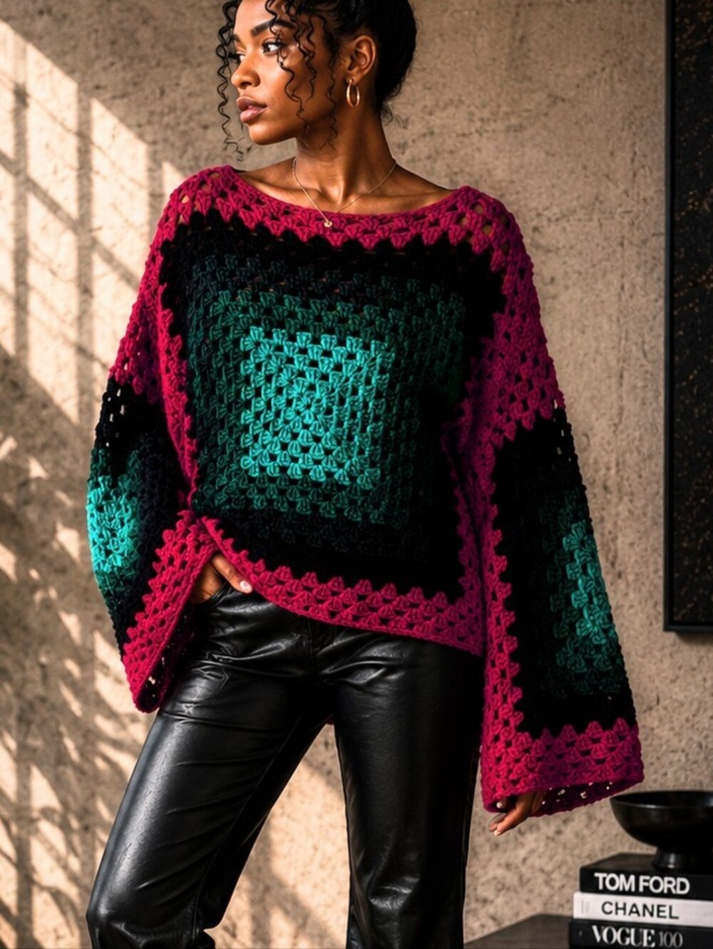 Handmade Red Black and Green Granny Square Pullover Sweater